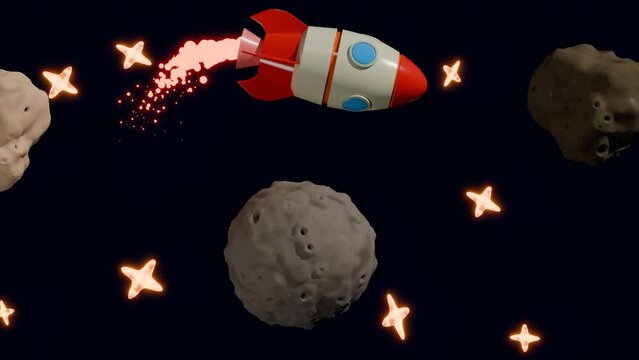 Loop 3d animation of a rocket in space against the background of stars. The rocket flies around planets and asteroids. Non-stop flight. Colonization of the universe.