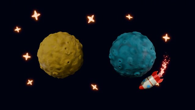 Loop 3d animation of a rocket in an endless flight between two planets. Yellow and blue planet. Non-stop flight.