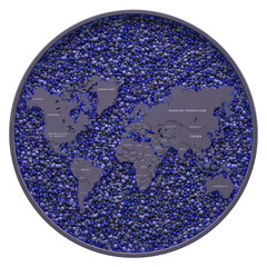 World map, modern planisphere with states and nations surrounded by a sphere particle, 3d illustration, 3d rendering