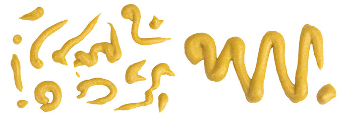 Mustard sauce isolated on white background. Top view. Flat lay