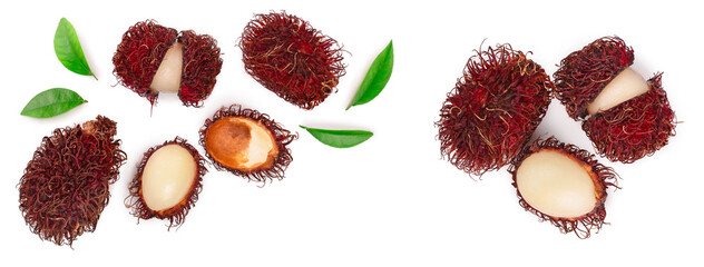 rambutan with leaves isolated on white background with copy space for your text. Tropical fruit. Nephelium lappaceum. Top view. Flat lay