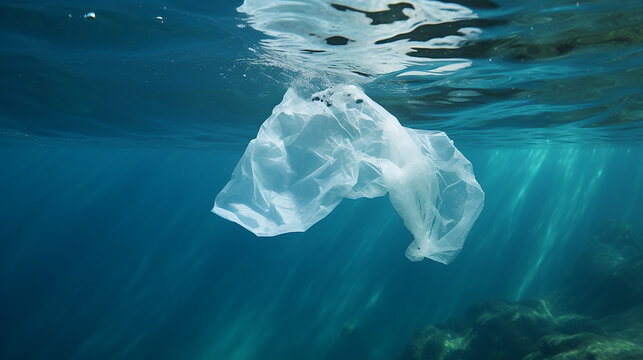 Plastic bag floating on the surface of the ocean. Pollution concept
