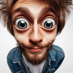 Funny Portrait of surprised man with Huge Eyes on solid white background, wide angle shot. ai generative