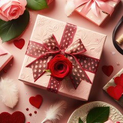 Top view of present, gift box with ribbon, red rose, candle, romantic mood. Valentine's Day, anniversary, birthday, proposal concept
