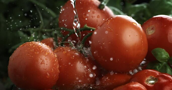Super slow motion macro of splashing water drops are falling on fresh ripe organic tomatoes and basil composition on wooden cut board in kitchen of restaurant.