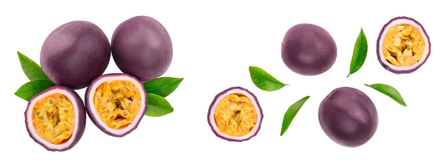 passion fruits and a half with leaves isolated on white background. Isolated maracuya. Top view. Flat lay