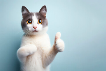 Photo of a surprised cat giving thumb up on solid background. ai generative - obrazy, fototapety, plakaty