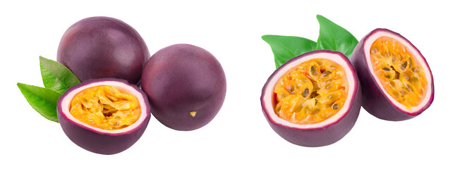Two whole passion fruits and a half with leaves isolated on white background. Isolated maracuya