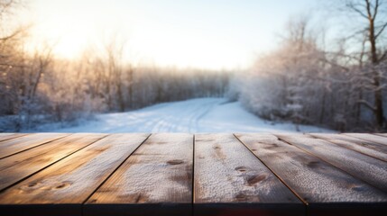 Empty old wooden table with winter theme in background - obrazy, fototapety, plakaty