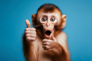 Photo of a surprised monkey giving thumb up on solid background. ai generative - obrazy, fototapety, plakaty