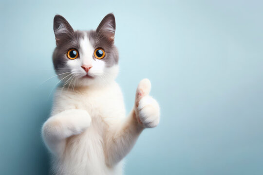 Photo of a surprised cat giving thumb up on solid background. ai generative