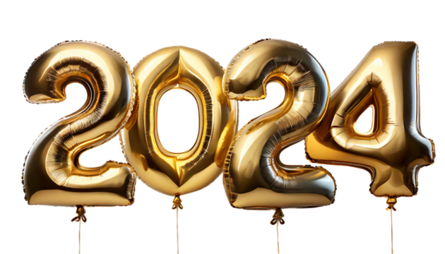 Happy new year Golden helium balloons 2024 on Transparent Background