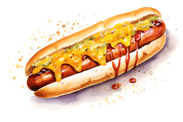 Delicious hotdog Watercolor illustration isolated on white background