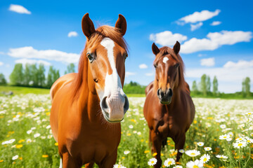 Naklejka na ściany i meble Two horses in spring in the field