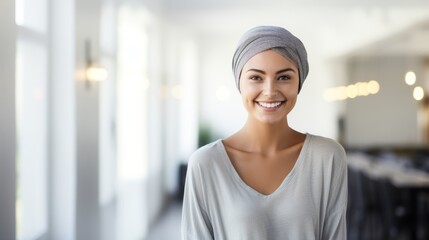 Bold young woman cancer patient smiling at hospital