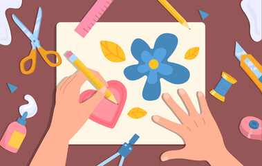 Hand made paper drawns. Handicraft, creatity and art. Woman with pencil, paintings and scissors with clay. Pink heart and blue flower origami and papercut. Cartoon flat vector illustration