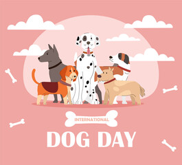 Fototapeta premium International Dog Day poster. Holiday and festival 26 August. Care about domestic animals and pets. Different breeds of puppies. Cover or banner. Cartoon flat vector illustration