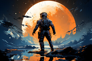 Rear perspective of an astronaut confidently exploring an unknown planet against a brilliantly illuminated golden orange moon