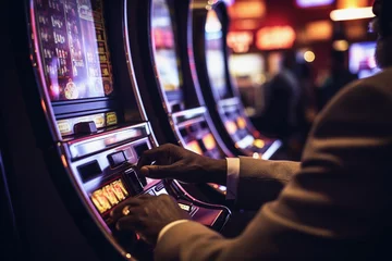 Fotobehang Gambler Pressing Slot Machine Button in the Casino © Super2