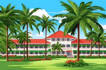 Residential Home Buildings, tropic trees, palms. Neural network AI generated art