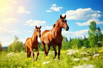 Two horses in spring in the field - obrazy, fototapety, plakaty