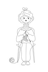 Girl is sitting on the chair and knitting the socks. Vector illustration in line art style.