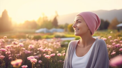 Bold young woman cancer patient smiling at hospital