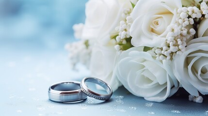 A blue pastel background is used for the wedding rings and flower decorations.