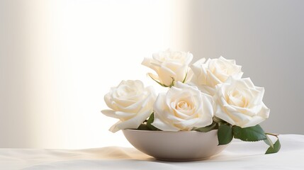 A bowl of white roses sits on top of a white table