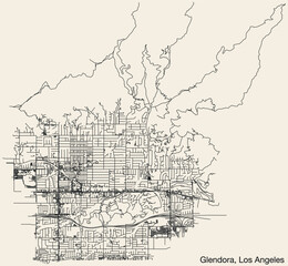 Detailed hand-drawn navigational urban street roads map of the CITY OF GLENDORA of the American LOS ANGELES CITY COUNCIL, UNITED STATES with vivid road lines and name tag on solid background