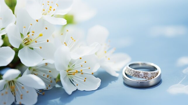 A blue pastel background is used for the wedding rings and flower decorations.