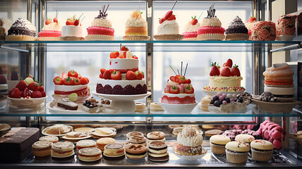 Fototapeta premium Showcase in a candy store. A variety of sweet pastries.
