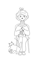 Girl is sitting on the chair and knitting the socks. Cat is playing with a skein of yarn. Vector illustration in line art style.