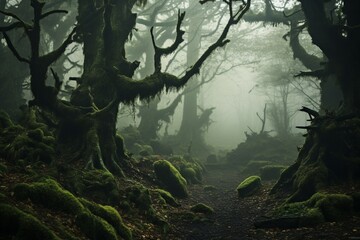 A dense and mysterious fog settling over an ancient, moss-covered forest, shrouding it in soft light.
