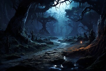 A dense and mysterious forest bathed in moonlight, with ancient trees creating shadows that dance in the night.