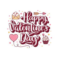 Happy Valentines day hand lettering composition with related design elements – letter, arrow, balloon, cupcake and hearts