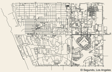 Fototapeta na wymiar Detailed hand-drawn navigational urban street roads map of the CITY OF EL SEGUNDO of the American LOS ANGELES CITY COUNCIL, UNITED STATES with vivid road lines and name tag on solid background