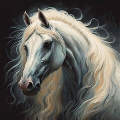 Obraz na płótnie Canvas a painting of a white horse with long hair generative ai generated