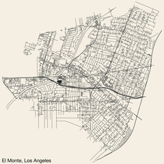 Detailed hand-drawn navigational urban street roads map of the CITY OF EL MONTE of the American LOS ANGELES CITY COUNCIL, UNITED STATES with vivid road lines and name tag on solid background