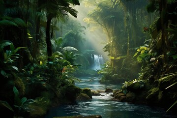 A dense and vibrant rainforest, filled with exotic flora and fauna, buzzing with the sounds of...