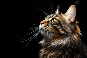 A close up of a cat with a black background. Happy Maine Coon cat.