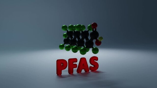 PFAS Per- and poly-fluoroalkyl substances - 3D molecule conformer. 3D animation. The camera moves from left to right.