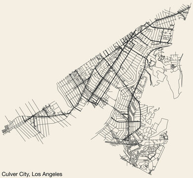 Detailed hand-drawn navigational urban street roads map of the CITY OF CULVER CITY of the American LOS ANGELES CITY COUNCIL, UNITED STATES with vivid road lines and name tag on solid background