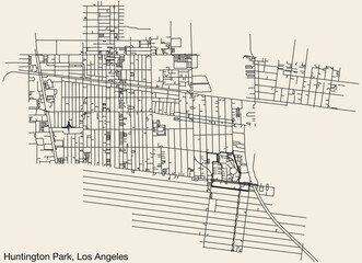 Detailed hand-drawn navigational urban street roads map of the CITY OF HUNTINGTON PARK of the American LOS ANGELES CITY COUNCIL, UNITED STATES with vivid road lines and name tag on solid background