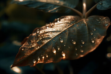 Drops of water from rain on a tree leaf.  