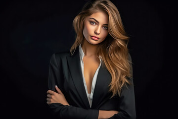 Portrait of a beautiful young woman in a business suit on a black background