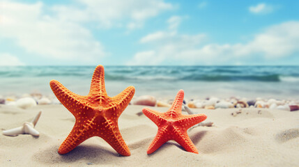 Fototapeta na wymiar Two starfish on summer beach