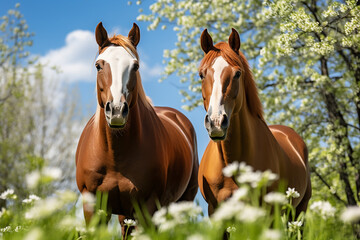 Obraz premium Two horses in spring in the field
