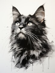 A painting of a black cat with blue eyes.