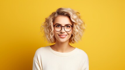 A pretty blonde woman in a casual outfit and round glasses looks serious and focused, with a blank space next to her for your advertisement - obrazy, fototapety, plakaty